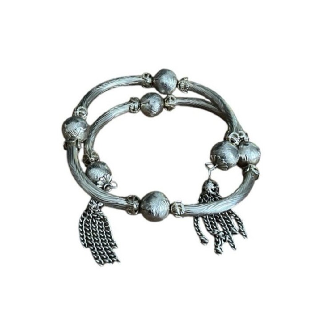 Vintage Bracelet Textured Silver Tone Double Loop Bead Tassel Coil